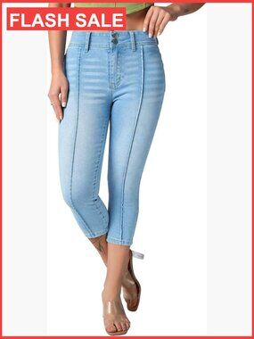 Women's Capri Skinny Jeans Mid Rise Stretchy Double Button Denim Light Wash